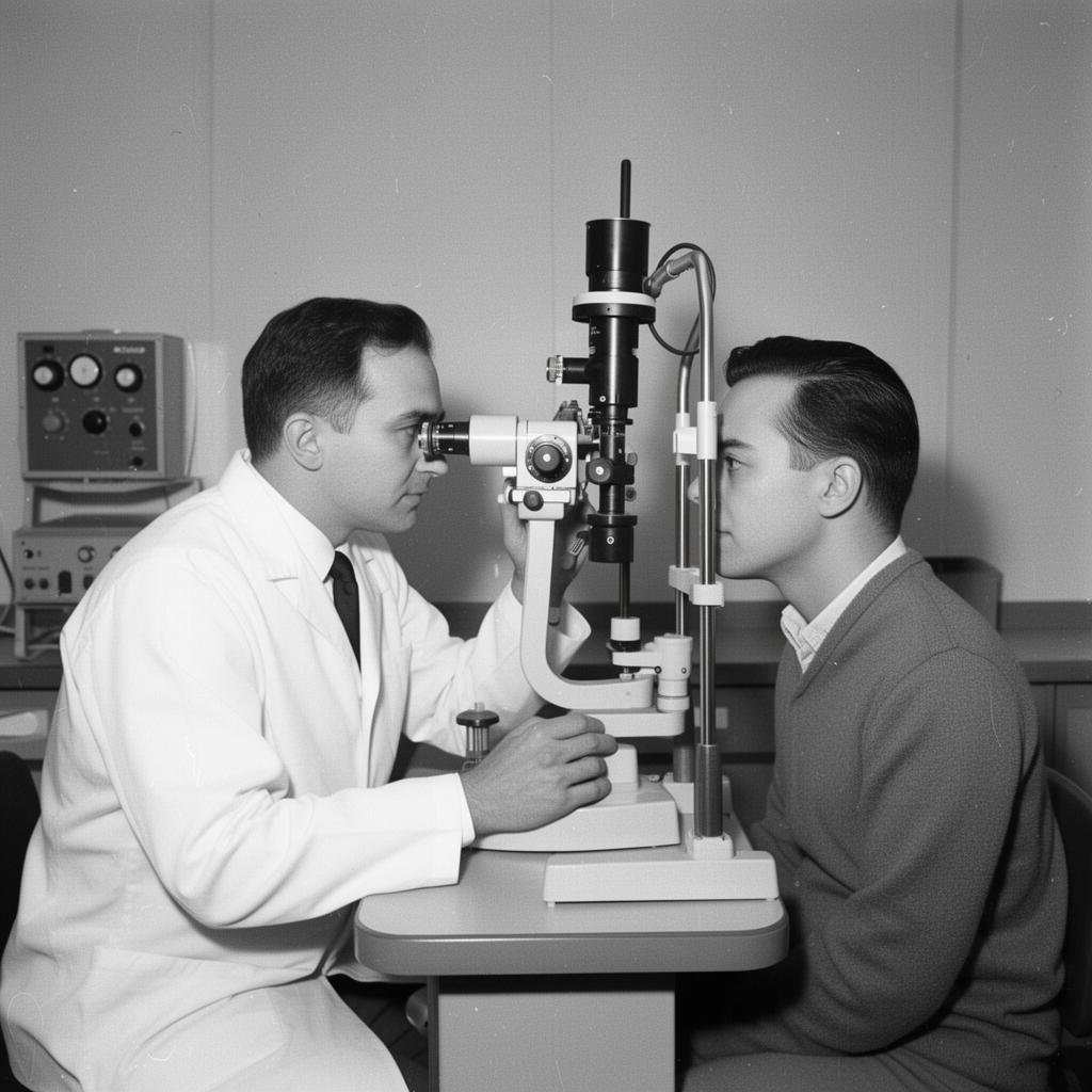 Historical 1960s photograph of an ophthalmologist examining a patient with a slit lamp